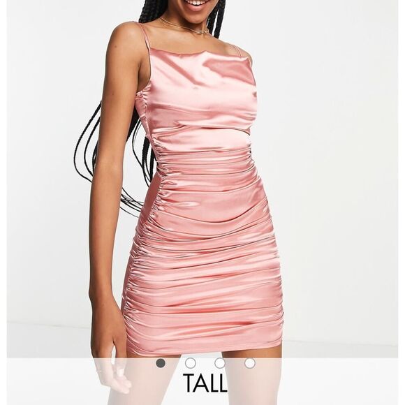 NWT Ruched Blush Satin Mini Slip Dress SZ 10 Tall Elegant Coquette Office Siren - Picture 4 of 16